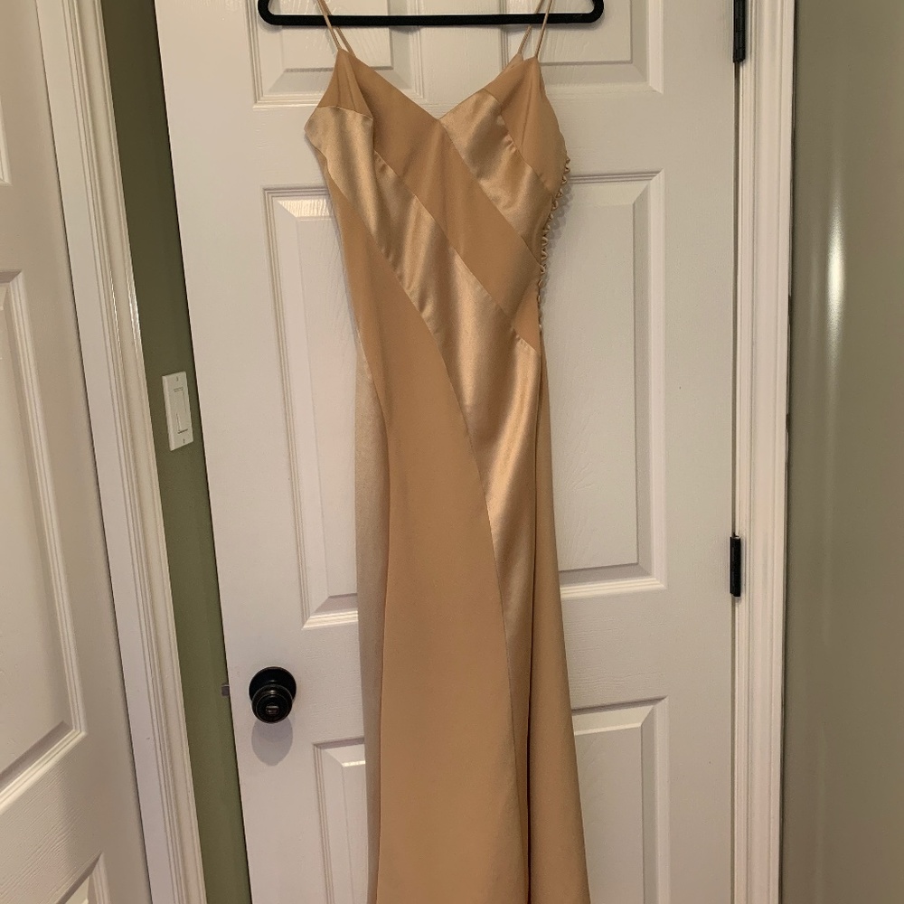 JS size 6 tan dress with satin details and a button up side